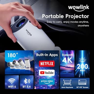 [Built-in Apps & 2025 Upgraded] Mini Projector with WiFi 6 and Bluetooth 5.4 Support 4K 1080P Auto Keystone 180° Rotatable Projector Portable Compatibile with HDMI/TV Stick/Memory Stick/Laptop, White - Image 2