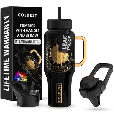 Coldest Tumbler with Handle and Straw - 100% Leak Proof Insulated Tumbler with Lid and Straw (3 Lids) - Stainless Steel Tumblers for Women & Men - Cup Holder Friendly Base, 36 oz (Zen) - Image 1