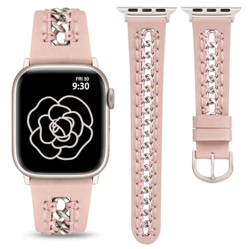 Minyee Leather Band Compatible with Apple Watch Bands 38/40/41/42mm Women, Dressy Leather Strap with Stainless Steel Metal Chain for iWatch Series 11 10 9 8 7 6 5 4 SE/Ultra 3 2 1, Pink/Starlight - Image 1