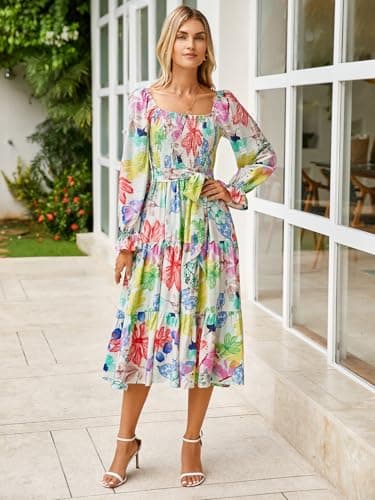 Amegoya Womens Spring Floral Long Sleeve Maxi Dress Square Neck Smocked Tiered Flowy Dress(A-Floral 3) - Image 3