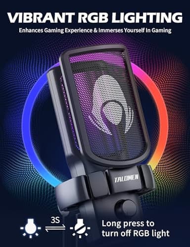 talomen Gaming USB Microphone for PC, Podcast Condenser Mic with RGB Lights, Mute, Gain Knob, Computer Desktop Mic with Metal Stand, Pop Filter, Shock Mount for Streaming, Recording, Chat, PS4, PS5 - Image 4