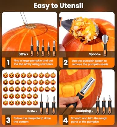 Pumpkin Carving Kit Tools for Halloween - 13Pcs Professional Heavy Duty Pumpkin Carving Tools with Stainless Steel Knife Set with Carrying Case for Halloween Decoration Jack-O-Lanterns for Kids Adults - Image 6