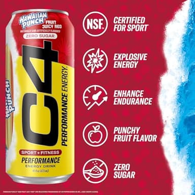 C4 Energy Drink, Hawaiian Punch Fruit Juicy Red, Carbonated Sugar Free Pre Workout Performance Drink with no Artificial Colors or Dyes, 16oz Pack of 12 - Image 3