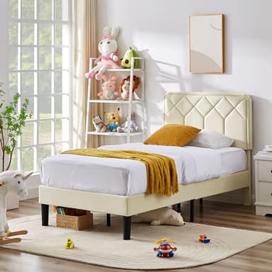 VECELO Twin Size Bed Frame Premium Velvet Upholstered Platform with Height Adjustable Headboard/Mattress Foundation, Solid Wooden Slat Support, No Box Spring Needed/Easy Assembly - Image 4