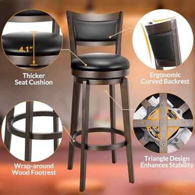 PrimeZone Swivel Bar Stools Set of 4, 34 Inch Extra Tall Bar Height Barstools, Black Faux Leather Bar Stool with High Backrest, Solid Wood Leg, Wrap-Around Footrest, Counter Stools for Pub - Image 5