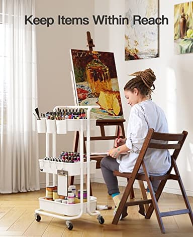 Pipishell 3-Tier Rolling Cart with Wheels - Rolling Storage Cart with Hanging Cups & Hooks - Mobile Utility Cart for Office, Kitchen, Craft Room - Art & Craft Organizer, White, PIUC06W - Image 2