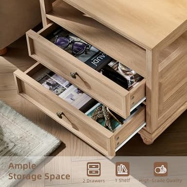 Joaxswe Farmhouse Nightstand Set of 2 with Charging Station, 24" Wide End Table with 2 Drawers,Natural Dresser for Bedroom,Bed Side Table Chest of Drawers Cabinet, Night Stand for Living Room - Image 4