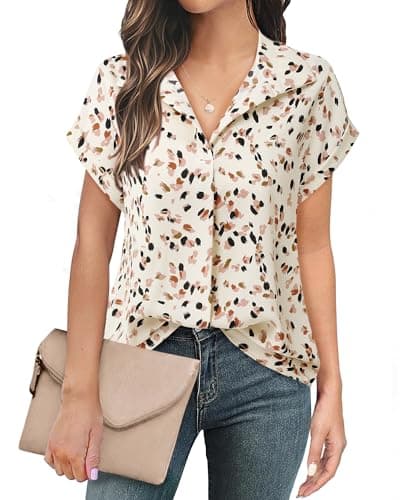 Timeson Summer Tops for Women: Dressy Casual – Short Sleeve Shirts for Women – Ladies Office Blouses Formal Trendy 2025 Cute Business Work Attire Chiffon Professional Interview Outfits Beige Dots L - Image 1