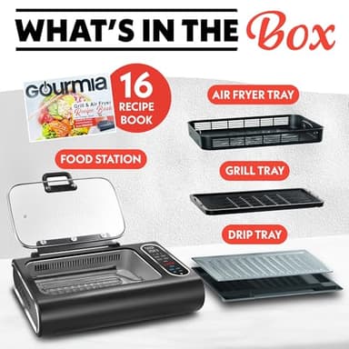 Gourmia Smokeless Indoor Grill & Air Fryer with Recipe Book – Electric Grill for Indoor Use, 5‑in‑1 Countertop Cooker, Cast-Iron Grate, 1650W, Glass Lid, Dishwasher-Safe Plates - Image 5