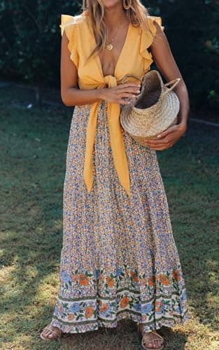 ZESICA Women's 2025 Summer Bohemian Floral Printed Elastic Waist A Line Maxi Skirt with Pockets,Cream,Large - Image 6