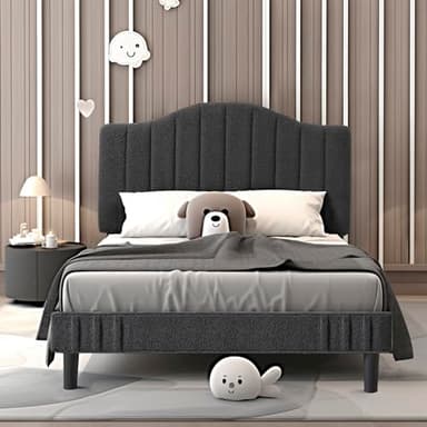 VECELO Twin Bed Frame, Upholstered Platform Bed with Sheepskin Fabric Adjustable Headboard/Strong Wood Slats Supports/7.9'' Under Bed Storage Space/Noise Free/No Box Spring Needed, Dark Grey - Image 1