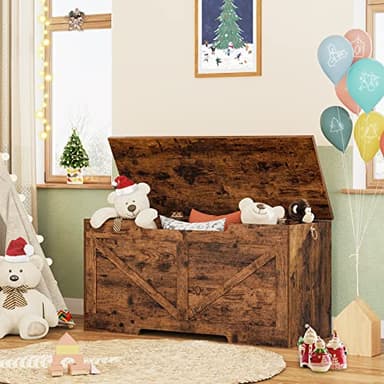 HOOBRO Storage Bench, 39.4” Retro Wooden Storage Chest with U-Shaped Cut-Out Pull, Safety Hinge, Supports 220 lb and Easy Assembly for Toy Box Organizer (Rustic Brown) BF771CW01 - Image 2