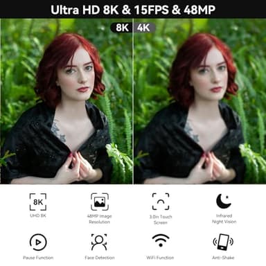 Video Camera, 8K Camcorder 48MP 15FPS UHD WiFi Vlogging Camera with IR Night Vision for YouTube, 3" Touch Screen 18X Digital Zoom, with Fill Light, Mic, Stabilizer, Lens Hood, Remote and 2 Batteries - Image 4
