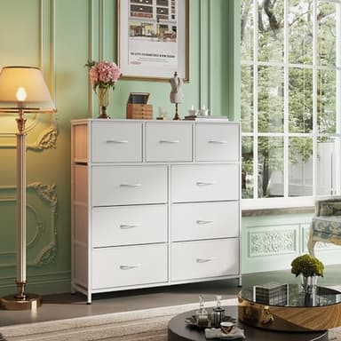WLIVE 9-Drawer Dresser, Fabric Storage Tower for Bedroom, Hallway, Closet, Tall Chest Organizer Unit for Bedroom with Fabric Bins, Steel Frame, Wood Top, Easy Pull Handle, White - Image 2