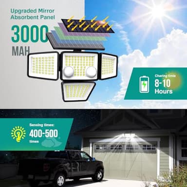 LYWALT Solar Outdoor Lights - 3000LM 188 LED Motion Sensor Outdoor Lights, 4 Heads Security Light,IP65 Waterproof, Easy Install,270°Wide Angle Flood Wall Light with 3 Modes for Backyard Yard (2 Pack) - Image 2