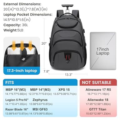 Boavan Rolling Backpack,17 inch Water Resistant Wheeled Backpack,Carry on Luggage Business Bag, Overnight College Computer bag Trolley Suitcase for Men Women Adults to Travel，Grey - Image 2