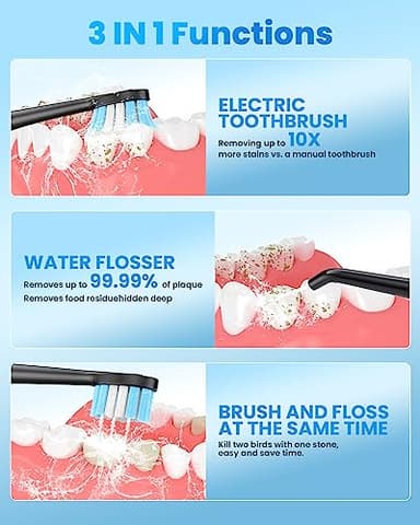UNINGOPI Electric Toothbrush with Water flosser, 3 in 1 Teeth Cleaning Kit with 7 Modes, Electric Toothbrush and flosser Combofor Adults, Water Flosser Portable for Travel and Home (Black) - Image 2