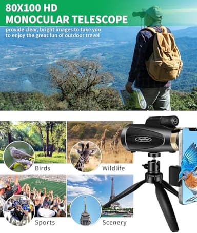 Monocular Telescope 80x100 HD Monoculars for Adults with Tripod & Phone Adapter, Monoculars for Bird Watching Stargazing Camping Hiking Hunting Wildlife Travel - Image 5