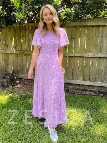 ZESICA Women's 2025 Summer Casual Floral Print Short Flutter Sleeve Crew Neck Smocked High Waist Flowy Maxi Dress,Purple,Medium - Image 6