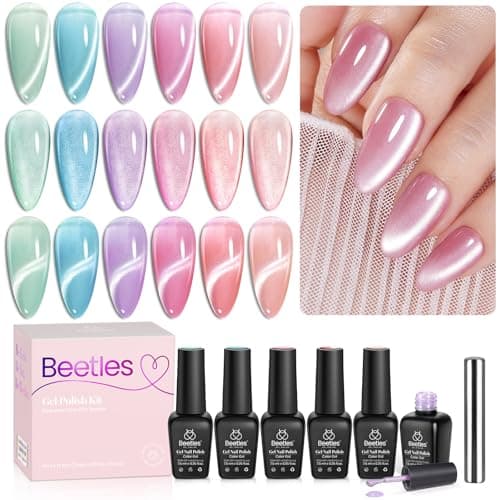 Beetles Cat Eye Gel Nail Polish Set, 6 Summer Colors Pastel Shimmer Glitter Gel Polish Kit Soak Off LED UV Curing Requires Pink Red Blue Orange Green Purple Velvet Gel with Magnet Gift for Women - Image 1