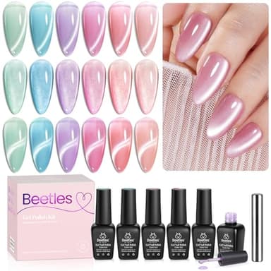 Beetles Cat Eye Gel Nail Polish Set, 6 Summer Colors Pastel Shimmer Glitter Gel Polish Kit Soak Off LED UV Curing Requires Pink Red Blue Orange Green Purple Velvet Gel with Magnet Gift for Women - Image 1
