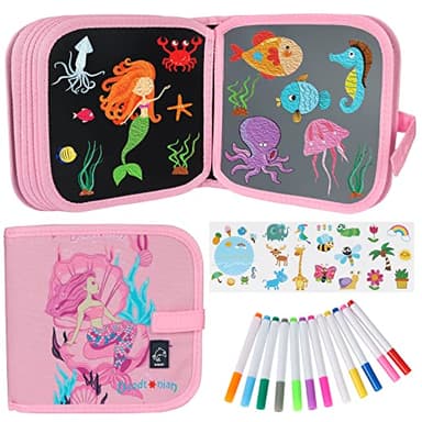 Qrytoi Erasable Doodle Set for Kids - Reusable Magic Drawing Book with 12 Watercolor Pens 14 Page Drawing, Road Trip Car Game Writing Painting Set for Boys and Girls (Mermaid) - Image 1