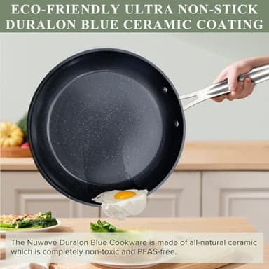 Nuwave Healthy Duralon Blue Ceramic Nonstick Cookware Set, Diamond Infused Scratch-Resistant, PFAS Free, Dishwasher & Oven Safe, Induction Ready & Evenly Heats, Tempered Glass Lids & Stay-Cool Handles - Image 5