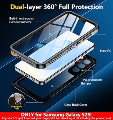 SPIDERCASE Only Designed for Samsung Galaxy S25 Case Waterproof,Built-in [ Screen + Camera Lens Protector][IP68 Underwater] Full Protection Heavy Duty Shockproof Anti-Scratched Phone Case,Black - Image 7