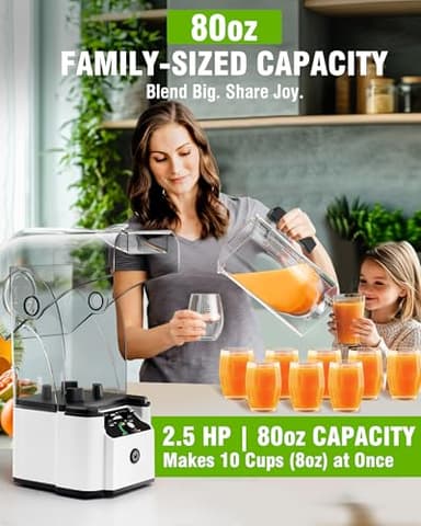 WantJoin Quiet Blender - Kitchen Blender with Soundproof, 2.5 HP Copper Motor, 80oz Jar, Multifunctional Silent Blenders for Smoothies, Juice, Soups, Sauce, w/ 15 Speeds, Stainless Steel 6-blade Combo - Image 4