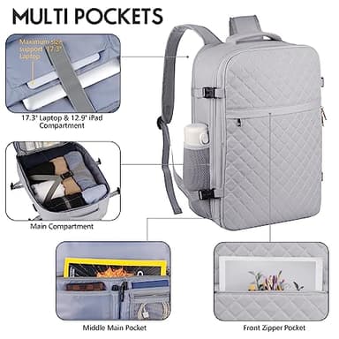 MOMUVO Large Travel Backpack Women, Flight Approved Carry On Backpack, Water Resistant Anti-Theft Large Casual Daypack Fit 17 Inch Laptop with USB Charging Port, Grey - Image 2