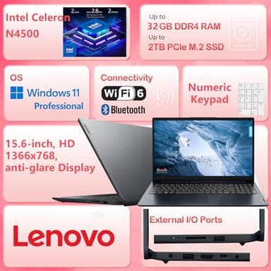 Lenovo 15.6" Laptop Computer for Business and Student, Intel Dual Core Processor, 32GB DDR4 RAM, 1TB PCIe SSD, WiFi 6, BT 5.2, Type-C, HDMI, Numeric Keypad, Abyss Blue, Windows 11 Pro, Wendbo Cable - Image 2
