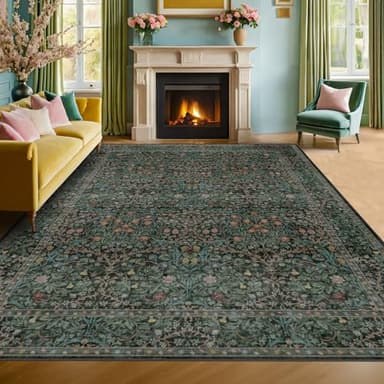 Washable Dark Green Rug for Living Room - 9x12 Large Area Rug for Dining Room Under Table, Bedroom, Soft Low Pile Non-Slip Stain Resistant Carpet - Vintage Floral Design (9x12 Dark Green) - Image 8