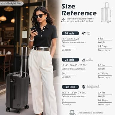 Coolife Luggage Suitcase PC+ABS with TSA Lock Spinner Carry on Hardshell Lightweight 20in 24in 28in(white, S(20in_carry on)) - Image 9