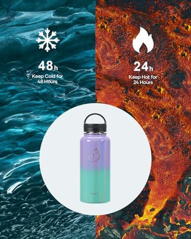 BUZIO 32 oz Water Bottle Insulated with Straw & 3 lid and Carrying Pouch, Leak Proof Anti-Slip Stainless Steel Water Flask Jug, Cold for 48 Hrs Double Vacuum Thermo Canteen, Pearlescent Purple Green - Image 2