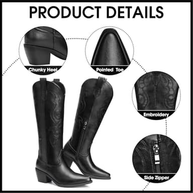 Platikly Black Cowboy Boots for Women - Embroidered Western Cowgirl Boots, Wide Calf Knee High Tall Footwear, Almond Pointed Toe Chunky Heel Pull On Zipper Classic Retro Country Style US 5 - Image 4
