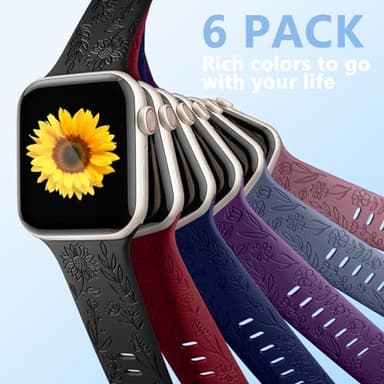 6 Pack Floral Engraved Bands Compatible with Apple Watch Band 40mm 44mm 38mm 41mm 45mm 49mm 42mm Women, Soft Silicone Cute Flower Sport Strap for iWatch Bands Series 11 10 9 8 7 6 5 4 3 2 1 SE Ultra 3 - Image 9