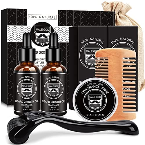 MALE GOD Beard Growth Kit, Beard Kit W/Beard Growth Oil (2 Bottles), Beard Balm, Beard Comb, Massager for Spot/Patchy Beard, Christmas Gifts for Men Him Boyfriend Husband - Image 1