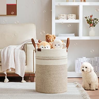 VIPOSCO Tall Laundry Basket, Large Dirty Clothes Hamper with Leather Handle, Woven Rope Storage Basket for Blanket, Toy In Living Room, Bathroom, Bedroom - 72L Brown & White - Image 2