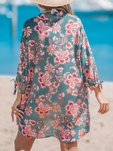 CUPSHE Women Mini Summer Dresses Cover Up Floral Top Shirt 3/4 Sleeve Cuff Tie Button Down Casual Sundress Beach Dress Cover Ups, Paisley Floral L - Image 2
