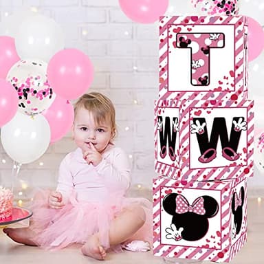 2nd Birthday Party Favors Balloon Boxes Supplies for Baby, Girls 3Pcs Pink Mouse Theme Two Year Old Balloon Boxes, 'TWO' Letters Balloon Arch Kit for Party Decorations - Image 6