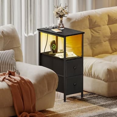 Fixwal Narrow Side Table with Charging Station and LED Light, Skinny Nightstand with 2 Fabric Drawers, Slim End Table for Bedroom, Dorm, Small Space, Black - Image 2