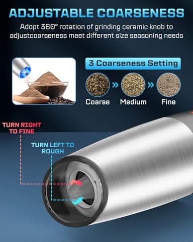 XinXu RECHARGEABLE Salt and Pepper Grinder Set,Automatic Pepper Mill,USB Rechargeable,Adjustable Coarseness,One-handed Operation,Ceramic Burr,Refillable,Auto Grinders Shakers LED Light,Sliver - Image 3