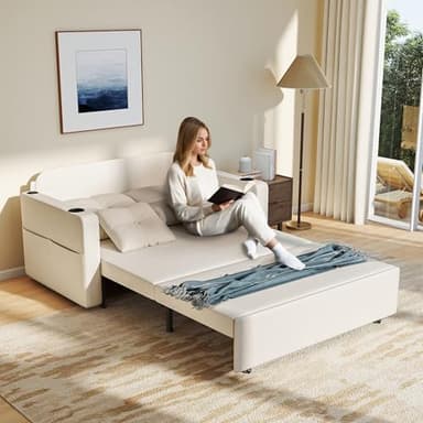 Krcix 3 in 1 Pull Out Couch, 56 Inch Convertible Sleeper Sofa Bed, Loveseat with Cup Holders, Storage Pockets, USB, Sofa Couches for Living Room, Bedroom, Apartment, Beige - Image 5