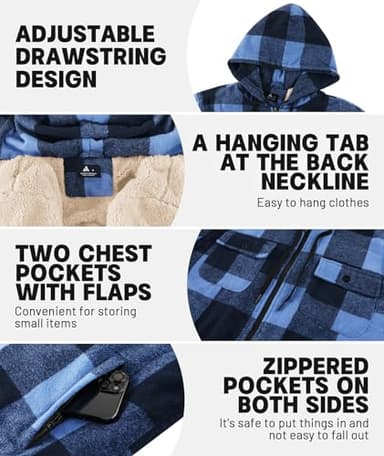 Dekomere Men's Thick Fleece Plaid Jacket Flannel Shirts Sherpa Lined Full Zip Up Hoodie Winter Coat with Pockets - Image 5