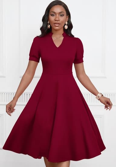Womens Short Puff Sleeve V Neck Casual Semi-Formal Cocktail Party A-Line Dress - Image 5
