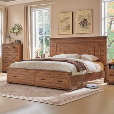 T4TREAM Farmhouse King Size Bed Frame with 54" Tall Geometric Headboard & 2 Large Storage Drawers, Rustic Wood Platform Bed with Wood Slats Support, No Box Spring Needed, Reclaimed Barnwood - Image 6