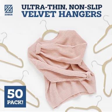 Zober Velvet Hangers 50 Pack - Ivory for Coats, Pants & Dress Clothes - Non Slip w/ 360 Degree Swivel, Holds up to 10 lbs - Strong Felt Hangers for Clothing - Image 9