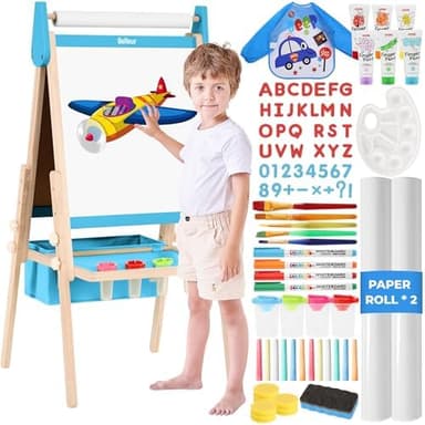 All-in-One Art Easel for Kids, Adjustable Double Sided Wooden Easel for Toddlers with Magnetic Whiteboard & Chalkboard, Paper Roll, Art Supplies, Child Painting Easel for Kid 2-8 Birthday Gift - Image 3