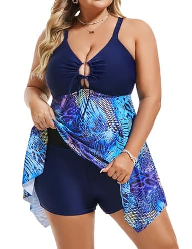 Hanna Nikole Womens Plus Size One Piece Swimsuit Front Keyhole Tie Swim Dress Tummy Control Bathing Suit Purple Leopard 26W - Image 3