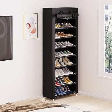 Calmootey 9 Tier Shoe Rack Organizer,Portable Shoe Shelf with Nonwoven Fabric Cover for Closet Hallway,Bedroom,Entryway,Black - Image 7
